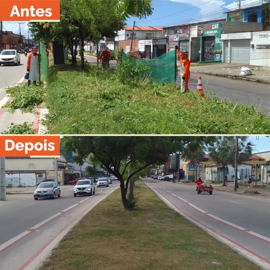 montagem de duas fotos mostrando a av. Av. Castelo de Castro - Jangurussu antes e depois da limpeza